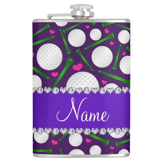Personalized name purple golf balls tees hearts hip flask (Front)