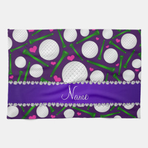 Personalized name purple golf balls tees hearts kitchen towel