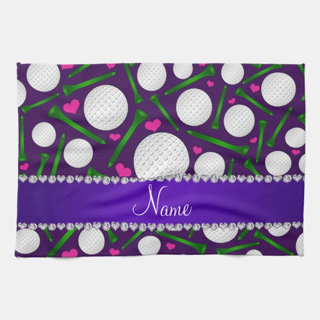 Personalized name purple golf balls tees hearts kitchen towel (Horizontal)