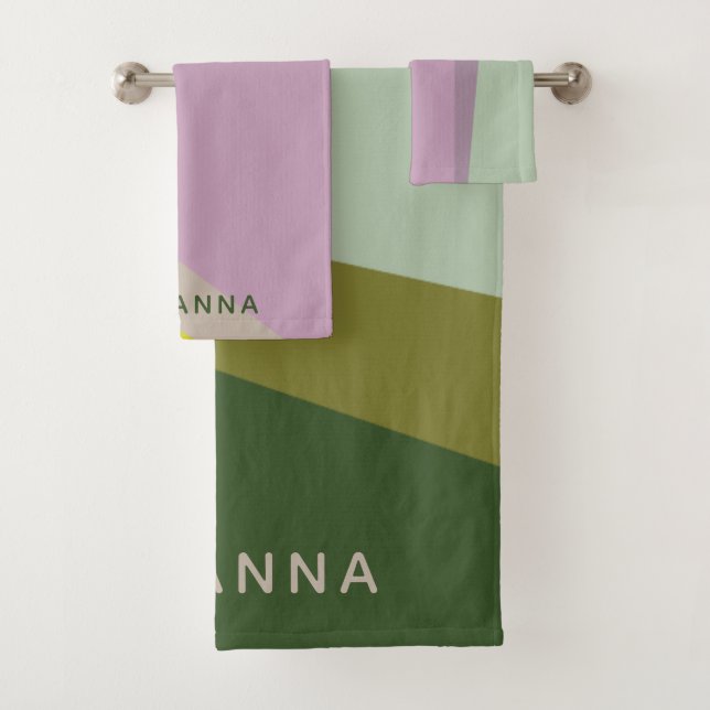 Personalized Name Purple Green Stylish Geometric Bath Towel Set (Insitu)