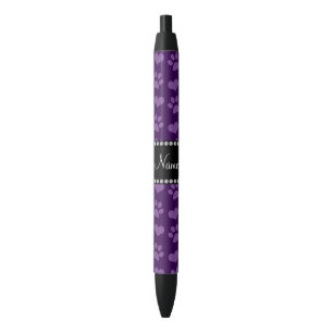Personalized name purple hearts and paw prints black ink pen