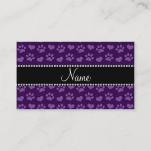 Personalized name purple hearts and paw prints calling card