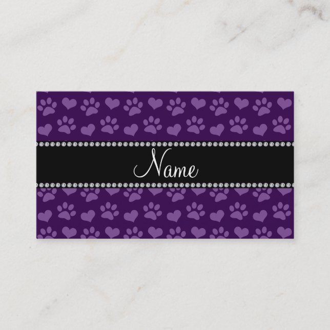 Personalized name purple hearts and paw prints calling card (Front)