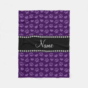 Personalized name purple hearts and paw prints fleece blanket