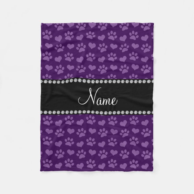 Personalized name purple hearts and paw prints fleece blanket (Front)