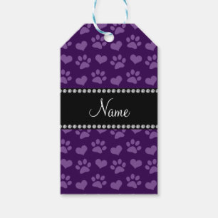 Personalized name purple hearts and paw prints gift tags
