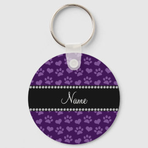 Personalized name purple hearts and paw prints keychain