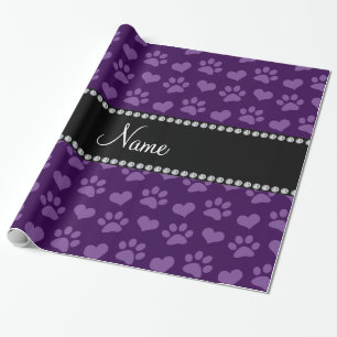 Personalized name purple hearts and paw prints wrapping paper