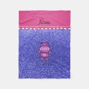 Personalized name purple hippo neon blue glitter fleece blanket