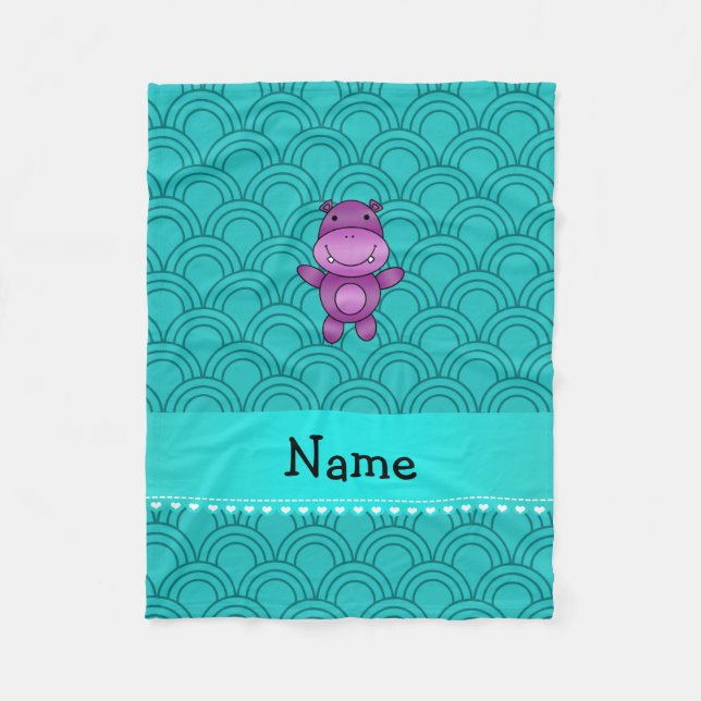Personalized name purple hippo turquoise pattern fleece blanket (Front)