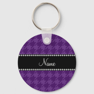 Personalized name purple houndstooth pattern keychain