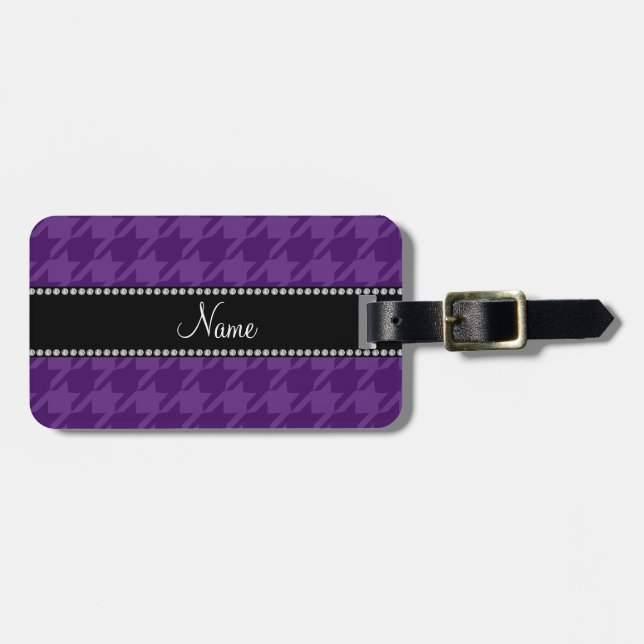 Personalized name purple houndstooth pattern luggage tag (Front Horizontal)