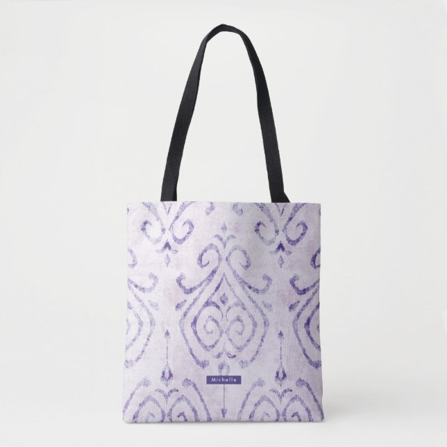 Personalized Name purple Ikat Pattern Bridesmaid Tote Bag (Front)