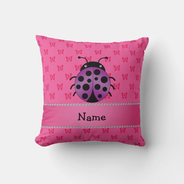 Personalized name purple ladybug pink butterflies throw pillow (Front)