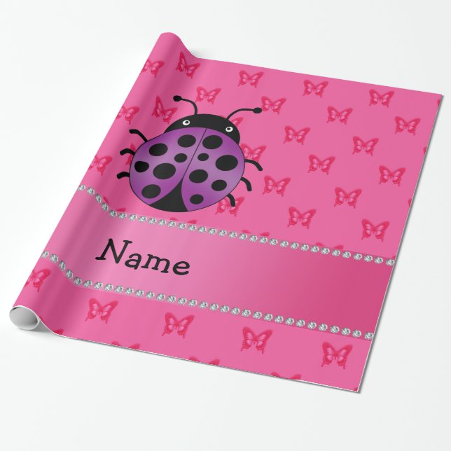 Personalized name purple ladybug pink butterflies wrapping paper (Unrolled)