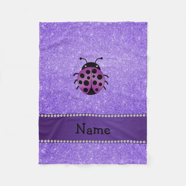 Personalized name purple ladybug purple glitter fleece blanket (Front)