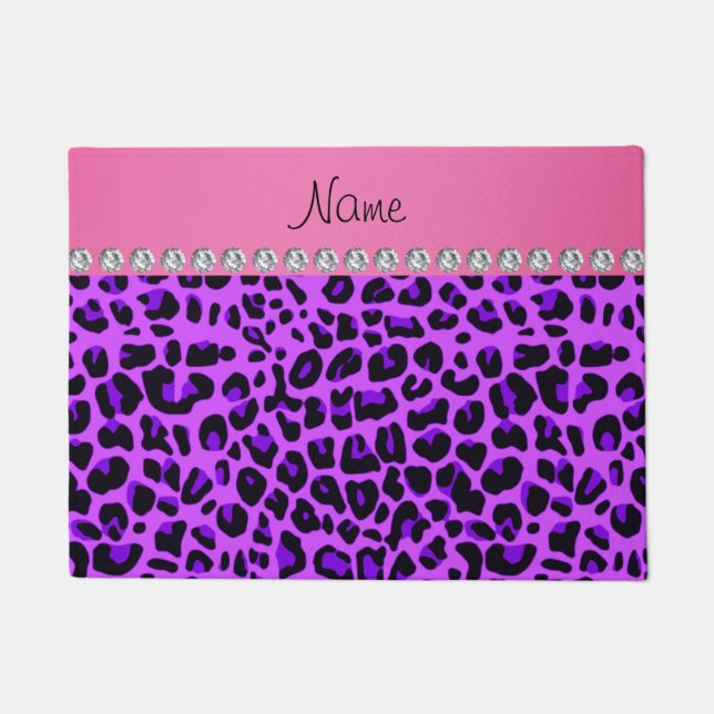Personalized name purple leopard pink stripe doormat (Front)