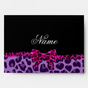 Personalized name purple leopard print pink bow envelope