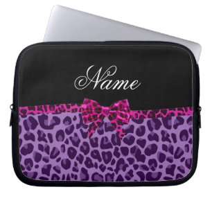 Personalized name purple leopard print pink bow laptop sleeve
