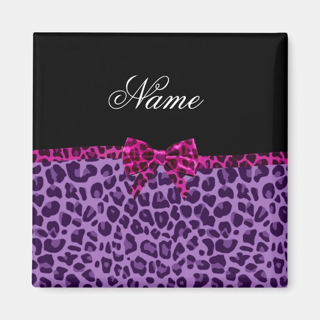 Personalized name purple leopard print pink bow magnet (Front)