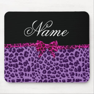 Personalized name purple leopard print pink bow mouse pad