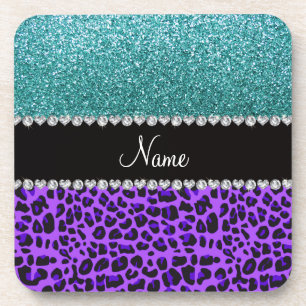 Personalized name purple leopard turquoise glitter coaster