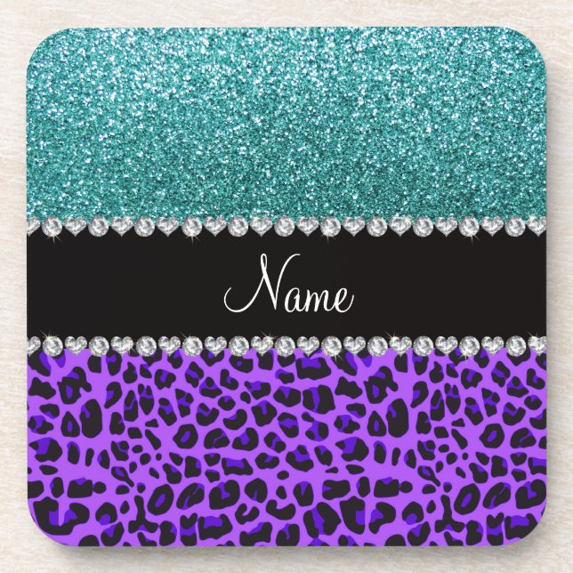 Personalized name purple leopard turquoise glitter coaster (Front)