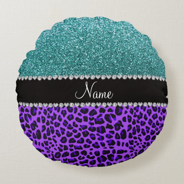 Personalized name purple leopard turquoise glitter round pillow (Front)