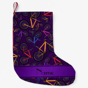 Personalized name purple mountain bikes small christmas stocking