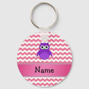 Personalized name purple owl pink chevrons keychain