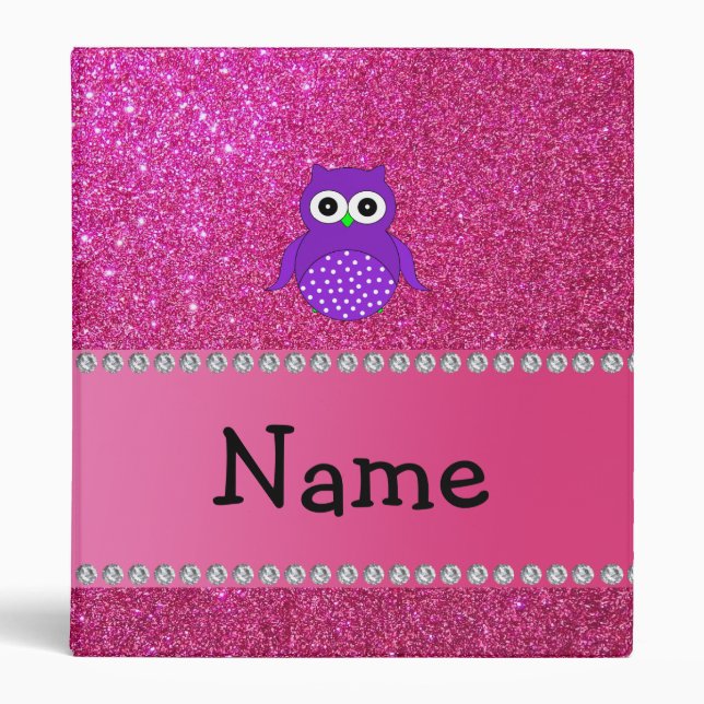 Personalized name purple owl pink glitter binder (Front)