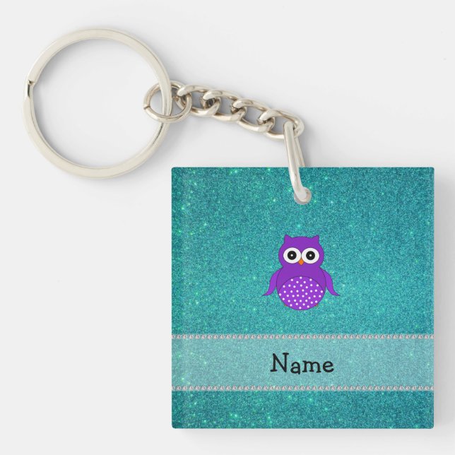 Personalized name purple owl turquoise glitter keychain (Front)