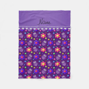 Personalized name purple owls flowers pattern fleece blanket