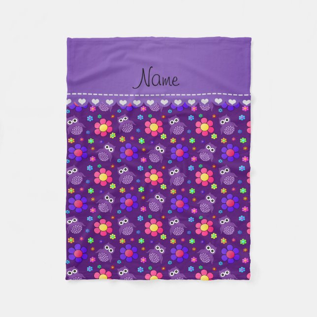 Personalized name purple owls flowers pattern fleece blanket (Front)