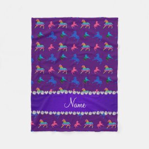 Personalized name purple patterned horses fleece blanket