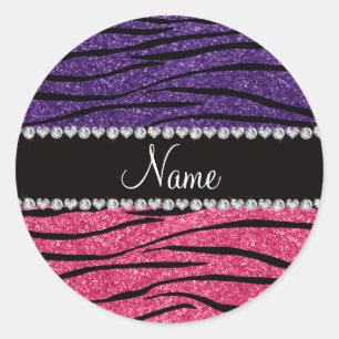Personalized name purple pink glitter zebra stripe classic round sticker