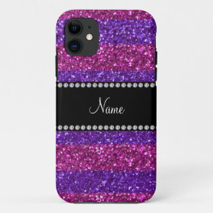 Personalized name purple pink stripes glitter iPhone 11 case