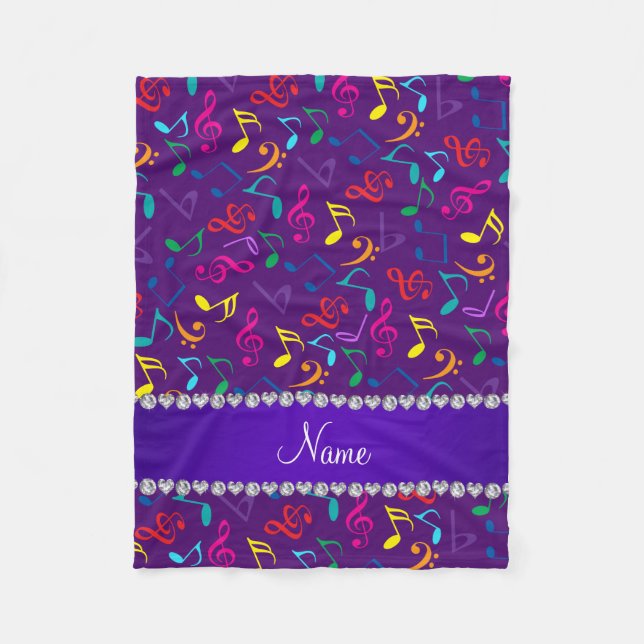 Personalized name purple rainbow music notes fleece blanket (Front)