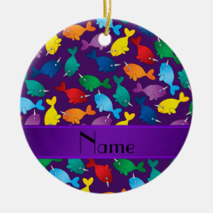 Personalized name purple rainbow narwhals ceramic ornament