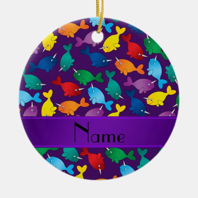 Personalized name purple rainbow narwhals ceramic ornament (Front)