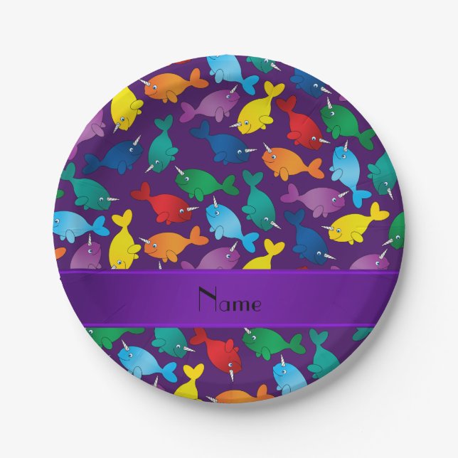 Personalized name purple rainbow narwhals paper plate (Front)