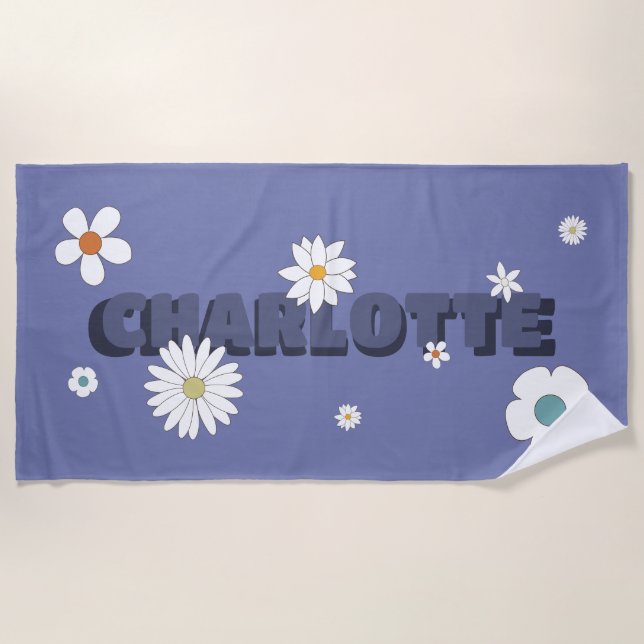 Personalized Name Purple Retro Style Flowers Beach Towel (Front)