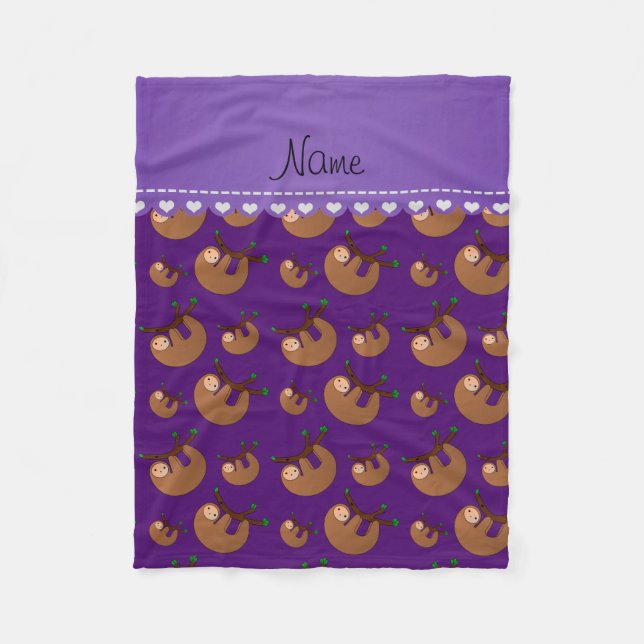 Personalized name purple sloth pattern fleece blanket (Front)