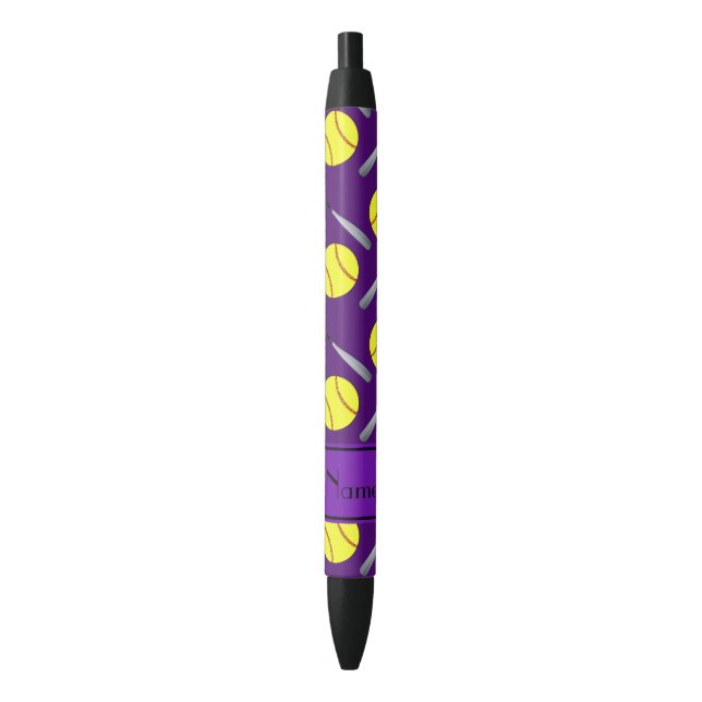 Personalized name purple softball pattern black ink pen (Front Vertical)