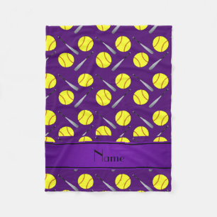 Personalized name purple softball pattern fleece blanket