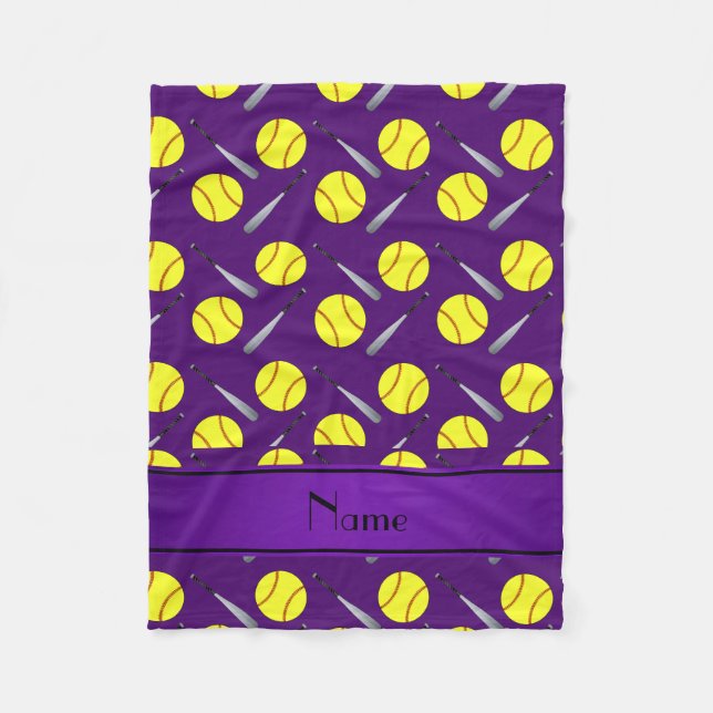 Personalized name purple softball pattern fleece blanket (Front)