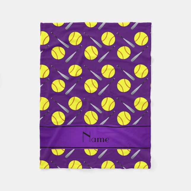 Personalized name purple softball pattern fleece blanket (Front)