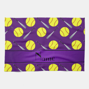 Personalized name purple softball pattern kitchen towel