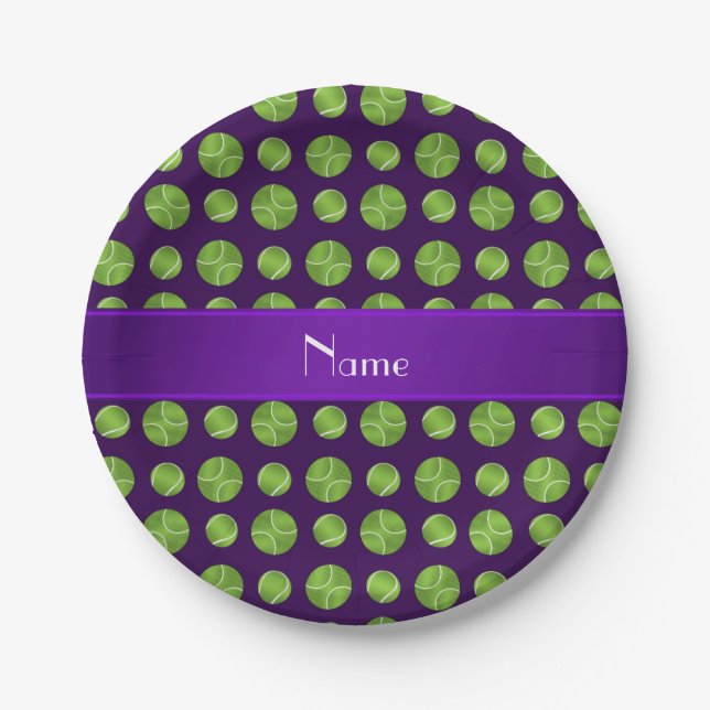 Personalized name purple tennis balls pattern paper plate (Front)