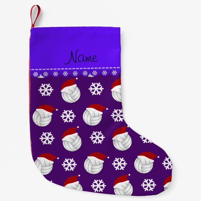 Personalized name purple volleyballs santa hats small christmas stocking (Front)